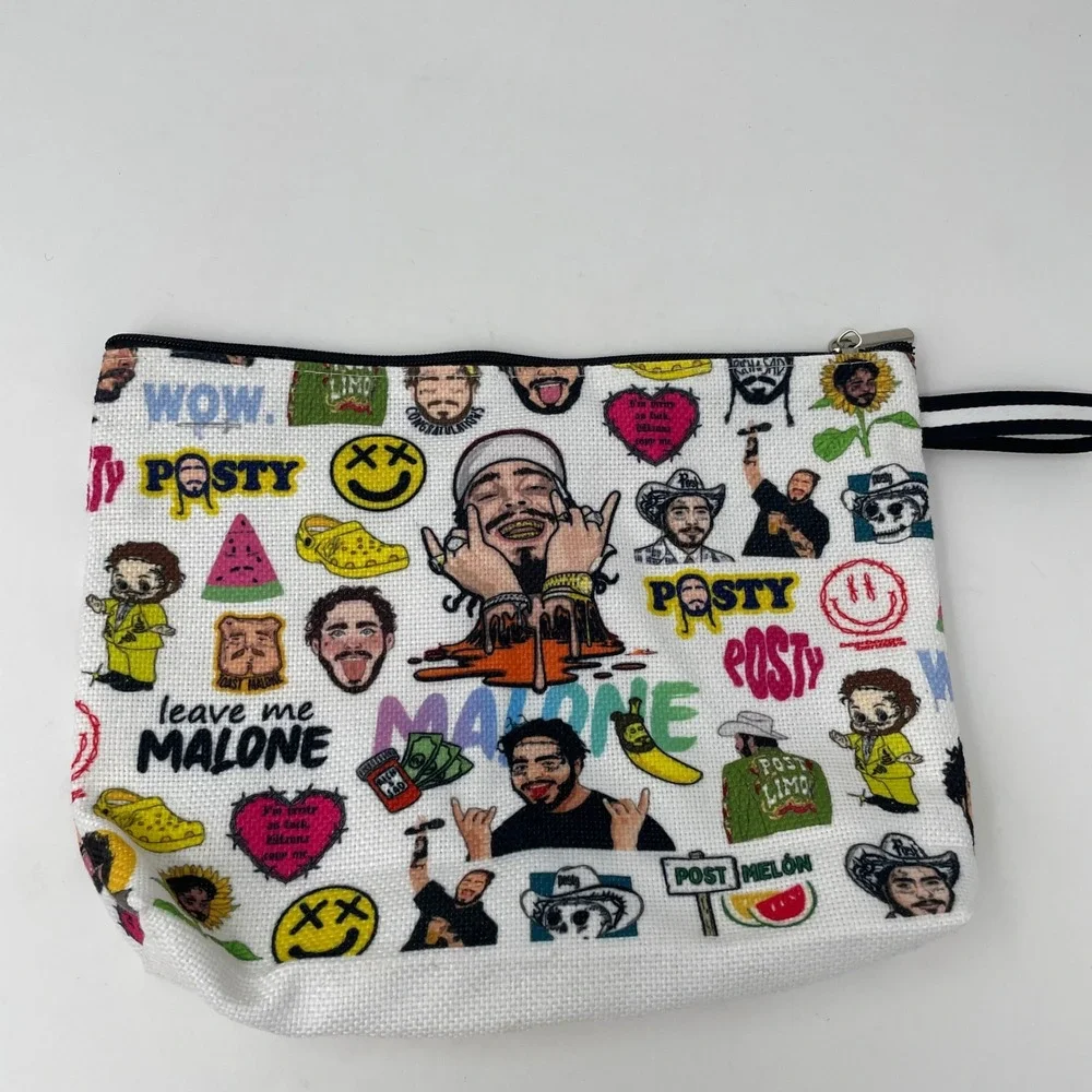 Post Malone‎ Posty Graphic Print Zipper Pouch Wristlet Makeup Bag White Festival